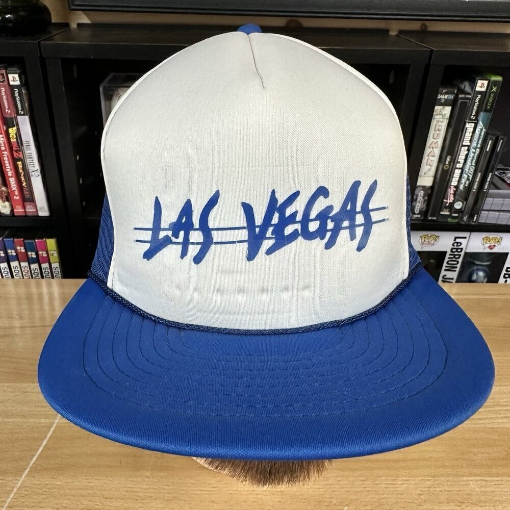 Vintage Las Vegas SnapBack Rope Trucker HatScrip Lettering Foam Mesh Cap Blue